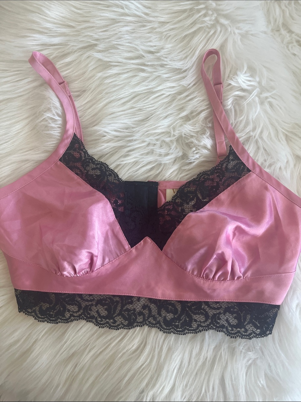 Vintage gold label pink satin Victoria bra with black lace bra